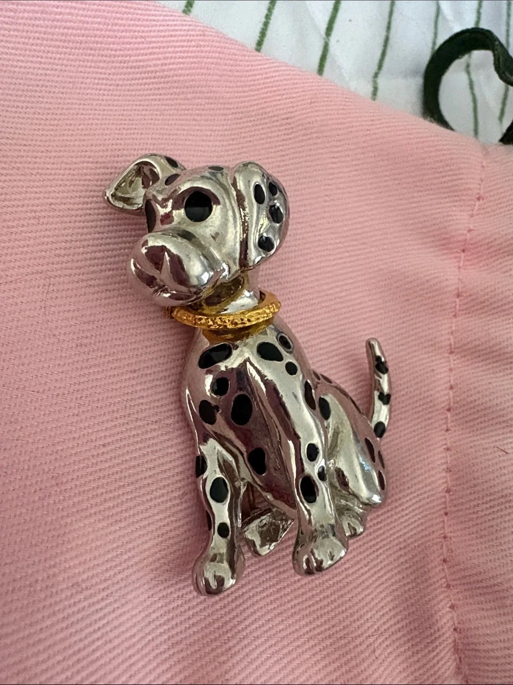 Silver Dalmatian Dog Brooch pin with Gold Collar